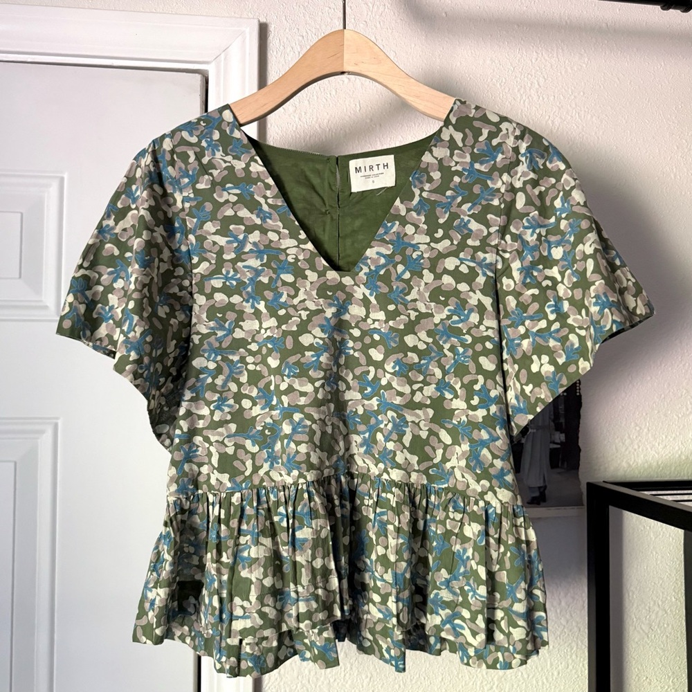 Mirth olive floral cotton ruffle peplum flutter‎ short sleeve blouse cropped top